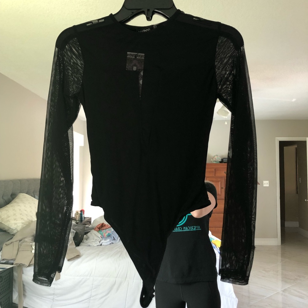 Boohoo black deep V mesh bodysuit